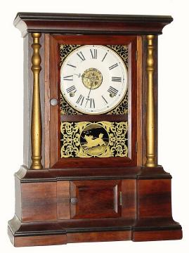 C.1865, Atkins Clock Co., Bristol, Conn., 8-day time/strike/alarm shelf clock, in excellent restored condition. — Antique Clocks Price Guide