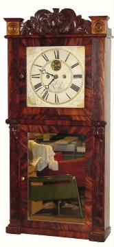C.1835, Hotchkiss and Benedict, Auburn, New York, 8-day time and strike highly figured mahogany, 2-wt shelf clock. — Antique Clocks Price Guide