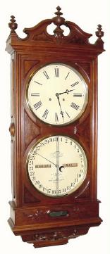 C.1875, Ithaca Clock Co., "No. 1 Regulator" double dial perpetual calendar, their catalog also referred to this model as "Hanging Bank Clock". — Antique Clocks Price Guide