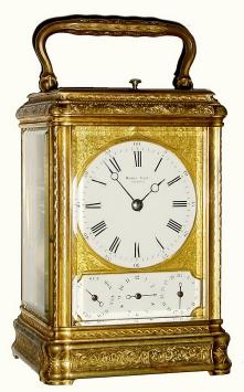 C.1895, French, Drocourt, for Henry Daniel Capt, Geneva: Grand sonnerie, day, date and alarm carriage clock. — Antique Clocks Price Guide