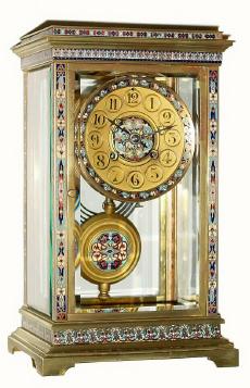 C.1900, Japy Freres, French Crystal Regulator with multi colored enamel on the columns, top and bottom bands, bezel, dial center and pendulum. — Antique Clocks Price Guide