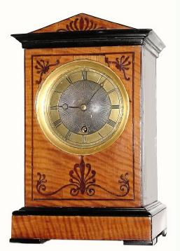 C.1860, Vulliamy, London, miniature fusee shelf timepiece in tiger maple case with ebonized moldings and classical inlays. — Antique Clocks Price Guide