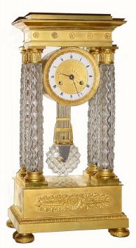 C.1890, French, Empire style 4-pillar shelf clock, with cut Baccarat crystal columns and pendulum. — Antique Clocks Price Guide