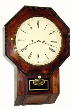 C.1860, Atkins Clock Co., Bristol, Conn., 30-day fusee octagon drop timepiece with ripple molding. — Antique Clocks Price Guide