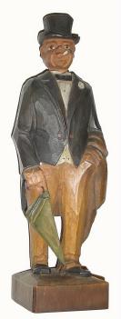 C.1910, German Carved wood mechanical whistler, large dark man with top hat and umbrella. — Antique Clocks Price Guide