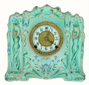 C.1904, William L. Gilbert Clock Co., "Derby" model porcelain case mantel clock. — Antique Clocks Price Guide