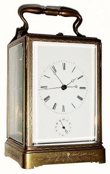 C.1856, French, hour repeating Carriage Clock with alarm in engraved one-piece case. — Antique Clocks Price Guide