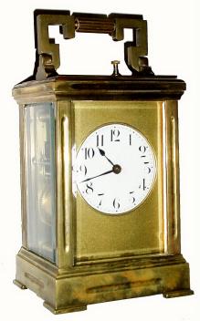 C.1900, French, Hour repeating Carriage Clock with alarm in Anglaise case with gilt dial mask. — Antique Clocks Price Guide