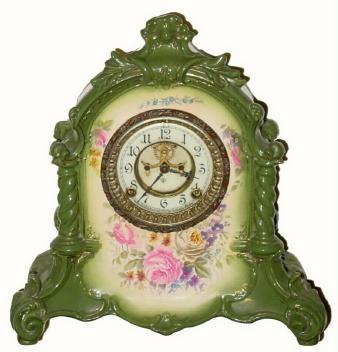C.1901, Ansonia Clock Co., "LaVerdon", 8-day time/strike Royal Bonn porcelain clock. — Antique Clocks Price Guide