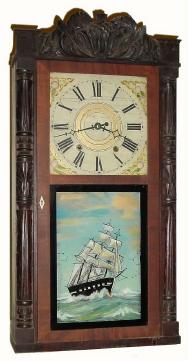 C.1834, Elisha Hotchkiss, Burlington, Conn., carved column and splat, wood movement shelf clock, 2-wt, 30 hour. — Antique Clocks Price Guide