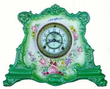 C.1901, Ansonia Clock Co., La Drome, Royal Bonn porcelain mantel clock, 8-day. — Antique Clocks Price Guide