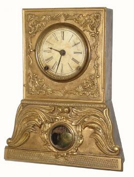 C.1855, American Clock Co., 8 Cortlandt St, New York, 8-day time and strike bronze front shelf clock (cast iron front). — Antique Clocks Price Guide