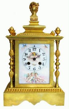 C.1890, French, Gilded Bronze Mantel clock, with a hand painted porcelain panel in front with dial, — Antique Clocks Price Guide