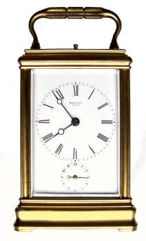 C.1885, French, Drocourt, Paris, for Henry Capt, Geneve, brass cased carriage clock, time, strike, repeat and alarm. — Antique Clocks Price Guide