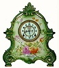C.1915, Ansonia Clock Co., Royal Bonn, La Bretagne, 8-day time/strike porcelain mantel clock in medium green with pink-yellow-orange floral decorations.