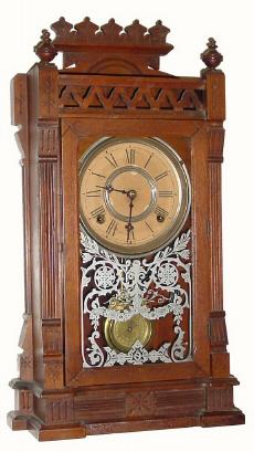 C.1885, William L. Gilbert Clock Co., "Dacca", 8-day time/strike shelf clock, — Antique Clocks Price Guide
