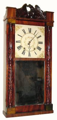 C.1830, John Conger, Bristol, Conn., 30-hour time/strike wood movement carved column and eagle splat shelf clock. — Antique Clocks Price Guide