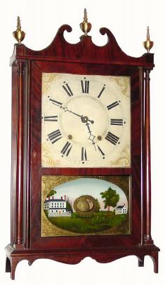 C.1828, Wadsworths, Lounsbury and Turners, Litchfield, Conn. 30-hour time/strike wood movement pillar and scroll shelf clock, — Antique Clocks Price Guide