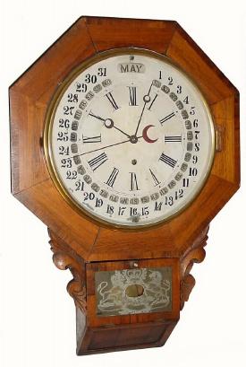 C.1866, Gilbert Manf'g Co., Winsted, Conn., "Maranville", 8-day short dorp octagon, calendar timepiece. — Antique Clocks Price Guide
