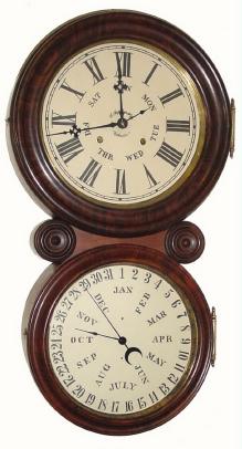 C.1886, E. Ingraham and Co., "Ionic Calendar", 8-day time and strike, double dial calendar wall clock in very good restored condition. — Antique Clocks Price Guide