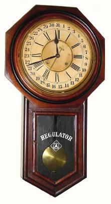 C.1901, Ansonia Clock Co., "Regulator A, Calendar", 8-day time and strike calendar wall clock in generally good original condition. — Antique Clocks Price Guide