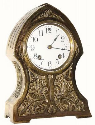 C.1911, Ansonia Clock Co., "Nile", brass plated iron cased, 8-day time/strike mantel clock, in good original condition. — Antique Clocks Price Guide