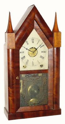 C.1848, Chauncey Jerome, New Haven, Conn., 8-day time/strike/alarm steeple clock in good restored condition. — Antique Clocks Price Guide