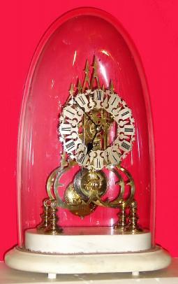 C.1890, English, Skeleton Clock, Single Fusee time piece on marble base with glass dome. — Antique Clocks Price Guide