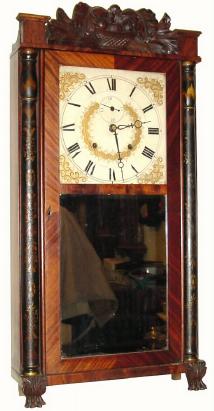 C.1830, E. Terry and Sons, Plymouth, Conn., 8-day time/strike wood movement half column and carved splat shelf clock. — Antique Clocks Price Guide