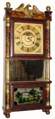 C.1840, Birge, Mallory and Co., Bristol, Conn., 8-day time/strike triple-decker shelf clock in good+ original condition. — Antique Clocks Price Guide