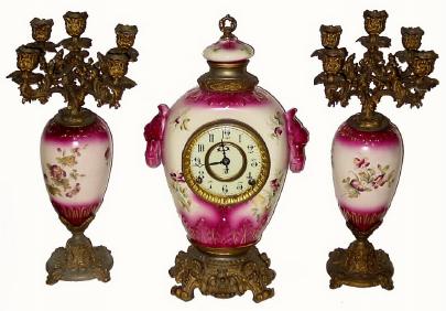 C.1895, F. Kroeber Clock Co., New York, 8-day time/strike porcelain mantel clock and candelabra set. — Antique Clocks Price Guide
