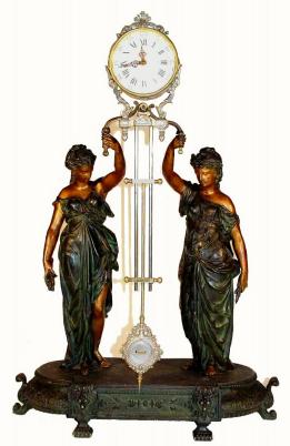 C.1890, French, Double Statue Swing Clock, the patinated spelter statues of Harvest, — Antique Clocks Price Guide