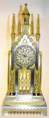 C.1840, French, "Pendule Romantique", a la Cathedrale, in silver and gilt brass, and in very good original condition. — Antique Clocks Price Guide