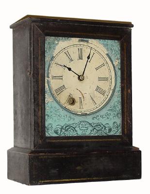 C.1848, Chauncey Jerome, New Haven, 30 hour cottage clock with wooden dial and light blue stenciled tablet, with Jerome logo at bottom. — Antique Clocks Price Guide