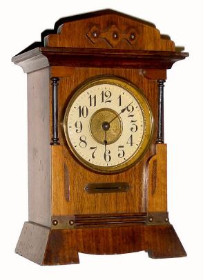 C.1915, German, Walnut Cased Shelf alarm clock with brass slide shut off on front of the case. — Antique Clocks Price Guide