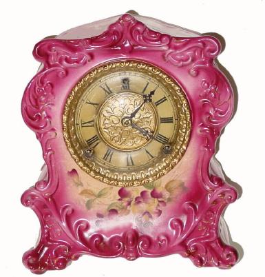 C.1900, William L. Gilbert Clock Co., Porcelain, "No. 424" 8-day time/strike china mantel clock. — Antique Clocks Price Guide