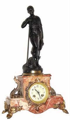 C.1890, French Figural Clock, Le Repos, or "The Repose", showing a farmer in overalls resting with his bare foot an a scythe after a hard day in the field. — Antique Clocks Price Guide