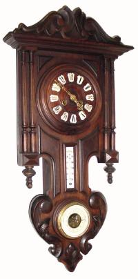 C.1900, French, Walnut Clock / Barometer, with Centigrade mercury thermometer in the throat section. — Antique Clocks Price Guide