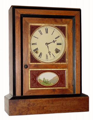 C.1870, Jerome and Co., (New Haven) , 8-day mahogany cottage clock with guttu purcha or thermo-plastic inserts in the door, — Antique Clocks Price Guide