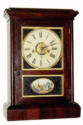 C.1870, Jerome and Co., (New Haven) , 30-Hour rosewood cottage clock with guttu purcha or thermo-plastic inserts in the door. — Antique Clocks Price Guide