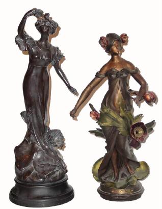 C.1905, French, (Lot of 2) painted Spelter statues, in good condition with no breaks. — Antique Clocks Price Guide