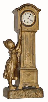 C.1900, French, "Dutchgirl" Mini tall clock, brushed over with gold paint a long time ago. — Antique Clocks Price Guide