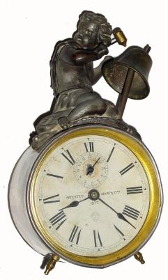 C.1905, Ansonia, ECHO, animated alarm clock; the boys arm holds a hammer which beats on the bell when it alarms. — Antique Clocks Price Guide