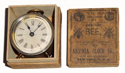 C.1885, Ansonia, BEE 1-Day Timepiece in original wooden box with label. — Antique Clocks Price Guide