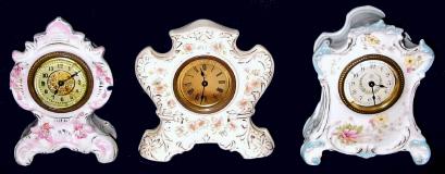 C.1905, Ansonia (Lot of 3) Mini Porcelain 1-day clocks in good condition: — Antique Clocks Price Guide