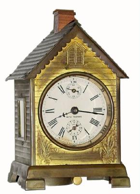C.1892, Seth Thomas, LODGE, stamped metal novelty clock in the shape of a log cabin. — Antique Clocks Price Guide