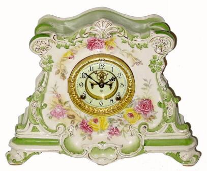 C.1901, Ansonia Clock Co., "La Drome", Royal Bonn, 8-day time/strike porcelain mantel clock. — Antique Clocks Price Guide