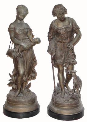 C.1900, Ansonia No. 1059 Statue Set "The Harvester, in original condition, the finish worn mostly to metal. — Antique Clocks Price Guide