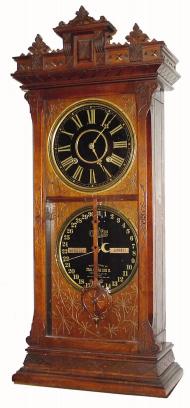 C.1880, Ithaca Calendar Clock Co., "No. 6 1/2, Belgrade, Shelf", time, strike and perpetual calendar, in walnut, and in outstanding original condition. — Antique Clocks Price Guide