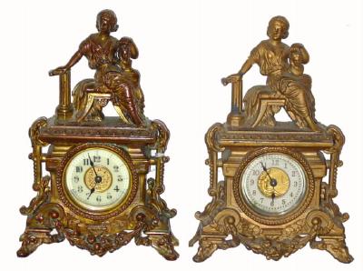 C.1904, (Lot of 2) Ansonia, SCULPTOR, cast metal novelty clocks. — Antique Clocks Price Guide